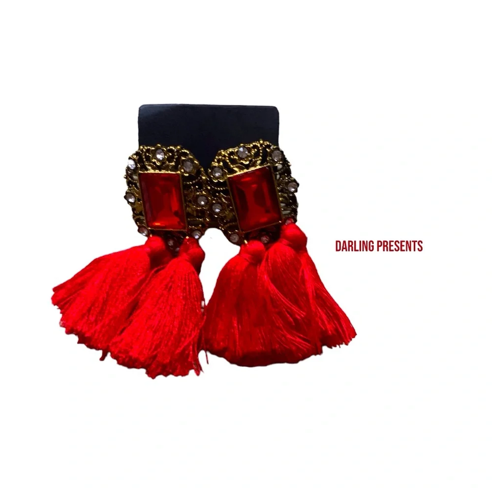 Gemstone Crystal Tassel Drop Earrings Women Color Red & Gold